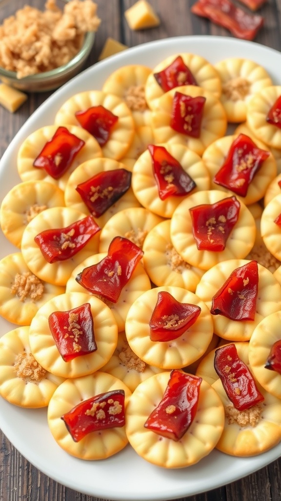 Club crackers topped with bacon and brown sugar, arranged on a rustic platter, ready to be served.
